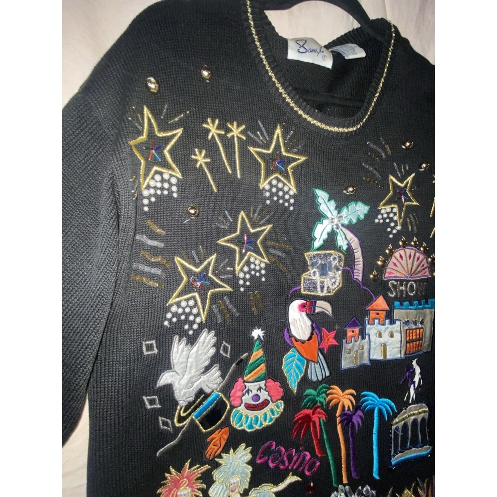 Vintage Las Vegas Casino Novelty Knit Sweater Black Embroidered One Size - Picture 5 of 12
